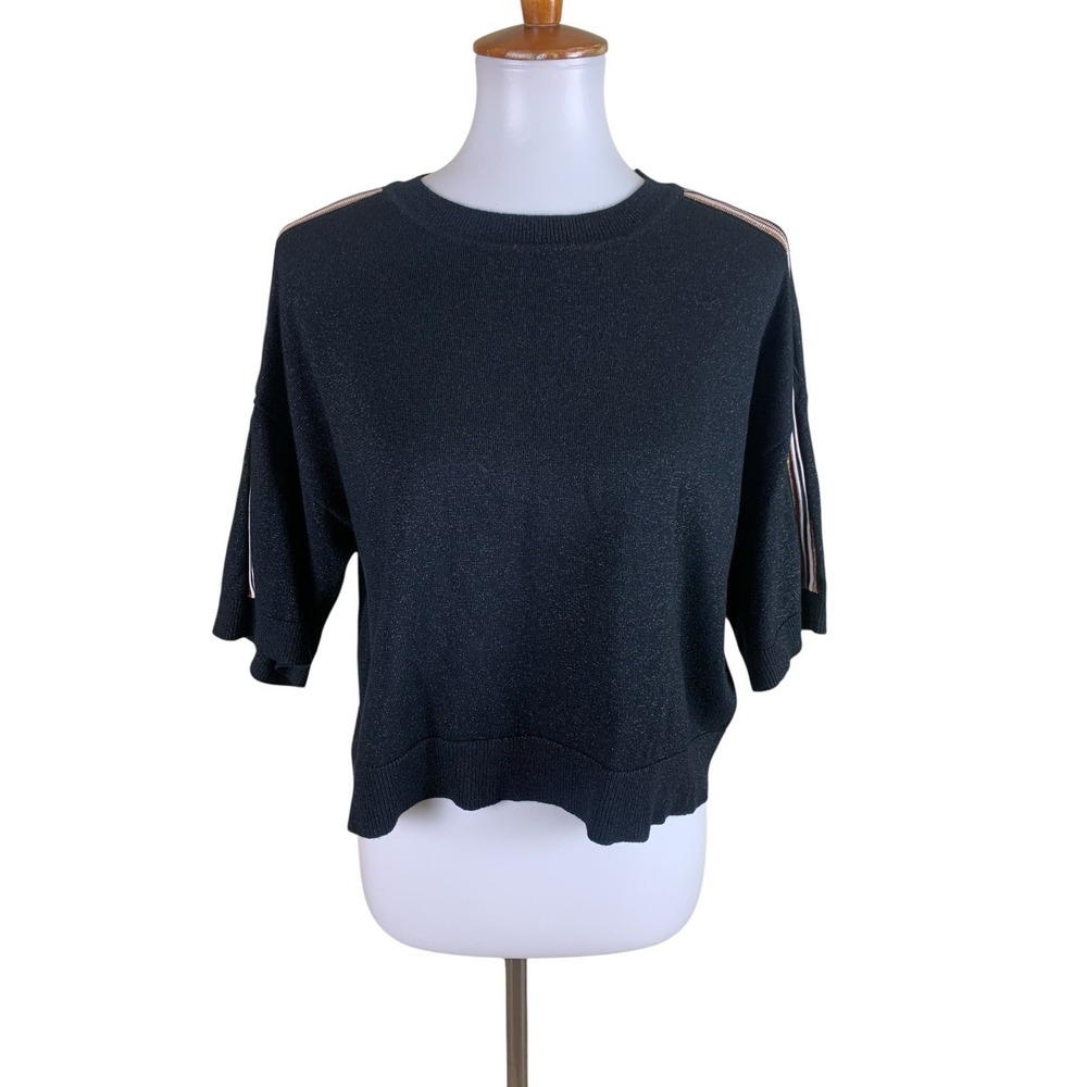 House Of Harlow 1960 Black Knit Top Metallic Stripe Sleeve Medium